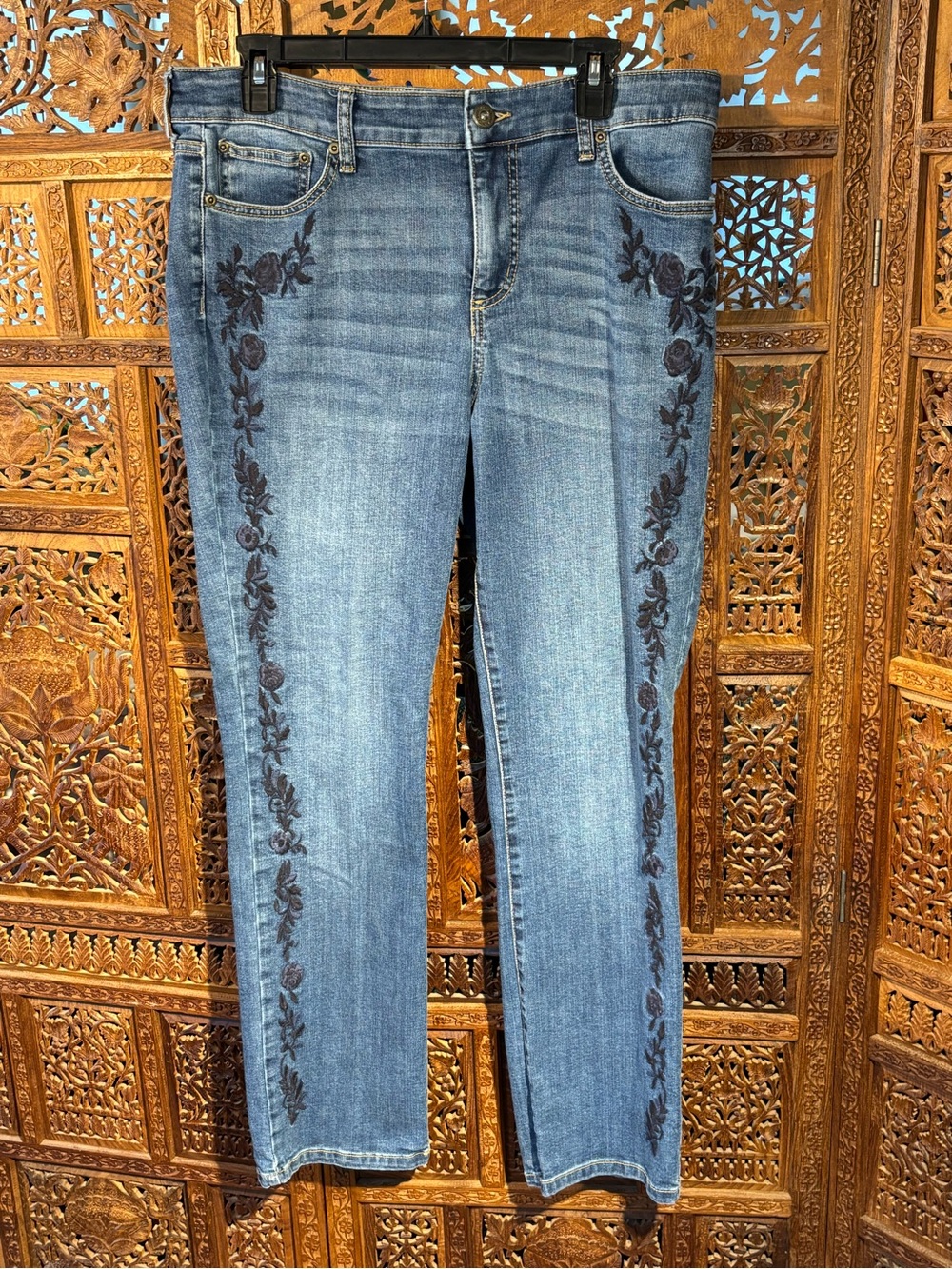 St. John's Bay Blue Straight-Leg Jeans with Black & Blue Floral Embroidery